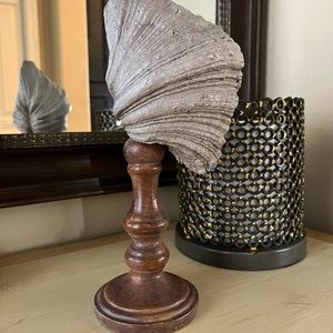 Vintage Seashell Sculpture on Brown Wood Pedestal Stand